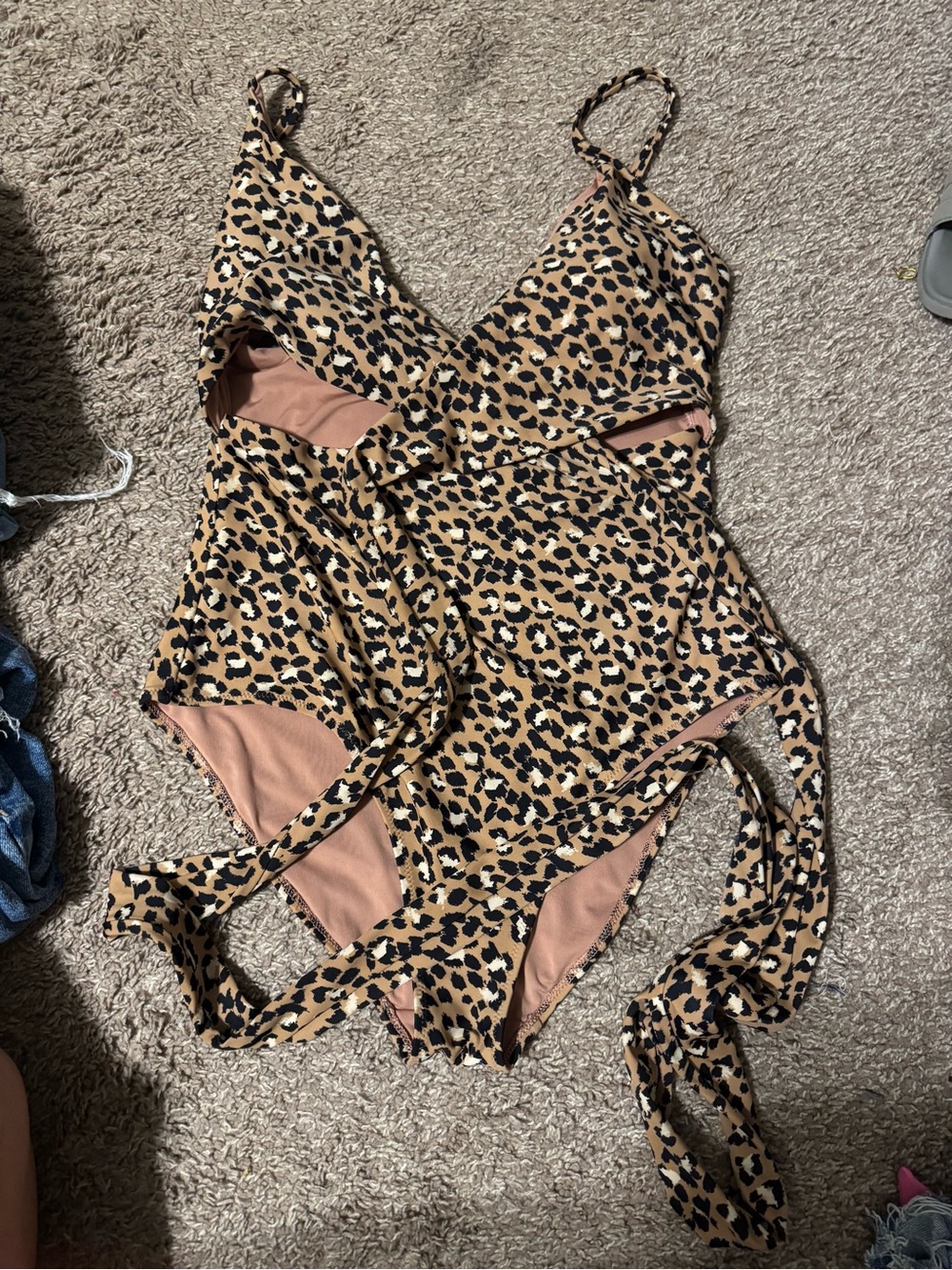 aerie Leopard Print One-Piece Swimsuit in Tan, Black, Cream